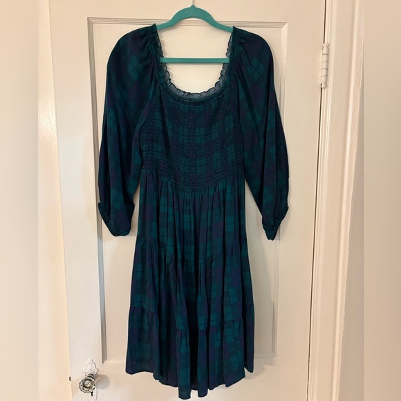 Plaid Tartan Forest Green and Blue Off-the-shoulder Dark Academia XL Dress - Picture 2 of 6